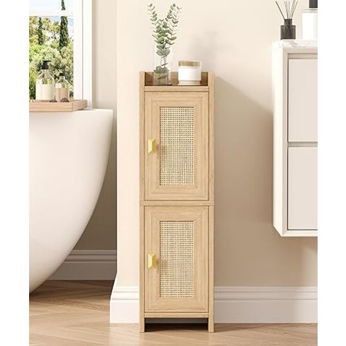 Rattan Small Bathroom Cabinet with 2 Doors, Narrow Storage Cabinet, Bathroom Organizer for Small Spaces, Wooden Slim Corner Floor Unit with Adjustable Shelves, Natural Oak