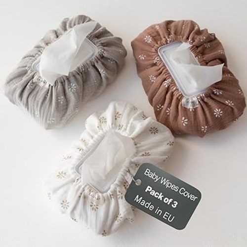 Baby Wipes Cover – Universal Size, One Size Fits All Wipes Packages | Muslin Cotton Tissue Cover for Nursery, Diaper Bag & Changing Table, Station | Gingham & Neutral Patterns (3-Daisy)