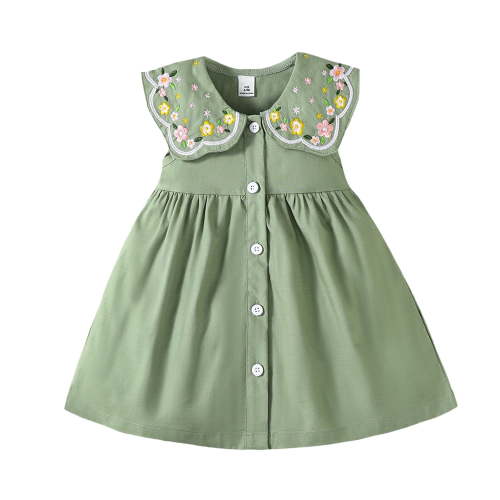 3 Months Baby Girls Dress Infant Girls Summer Sleeveless Dress 6 Months Girls Embroidering Collar Solid Color Dress Green