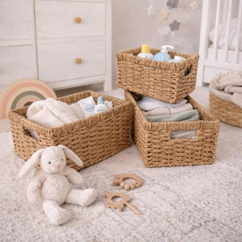 Seagrass Storage Basket Set of 3 Handwoven Natural Home Decor Organizer