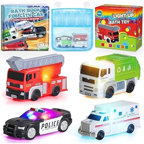 4 Floating Changing Color Light Up Bath Toy Car with Bath Book & Storage Bag, No Hole Realistic Car Bathtub Toys for Toddler Kid 18 Month +, Bathroom Tub Pool Beach Swimming Party, Birthday Gift