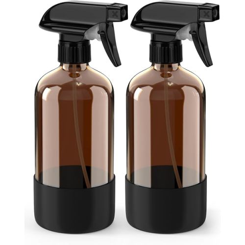 Bontip Glass Spray Bottle with Silicone Sleeve Protection, Amber Glass Spray Bottle Set for Window Cleaner Aromatherapy Facial Hydration Watering Flowers Hair Care 2 Pack/16 oz (Black)