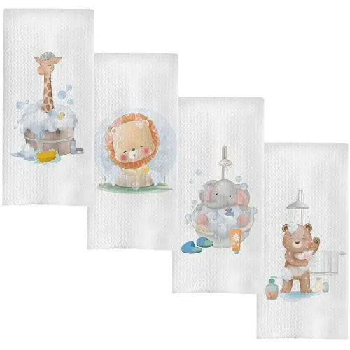 Kids Hand Towels Set of 4, Cute Baby Giraffe Elephant Bear Lion Decorative Hand Towels for Bathroom Decor, Toddler Kids Bathroom Decor, 16x24 Inch