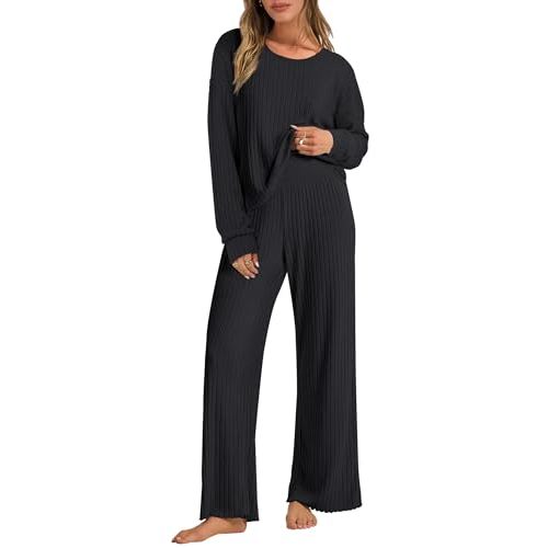 ANRABESS Women 2 Piece Lounge Pajamas Sets Casual Ribbed Knit Long Sleeve Top Pants Matching Set 2026 Fall Outfits Clothes