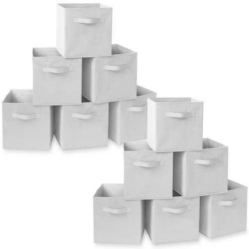 Casafield Set of 12 Fabric Storage Cube Bins, White - 11" Collapsible Foldable Cloth Baskets for Shelves and Cubby Organizers