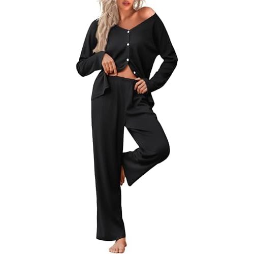 Ekouaer Womens Waffle Knit Pajamas Loungewear Two-piece Sleepwear Button-Down Pj Set with Pockets