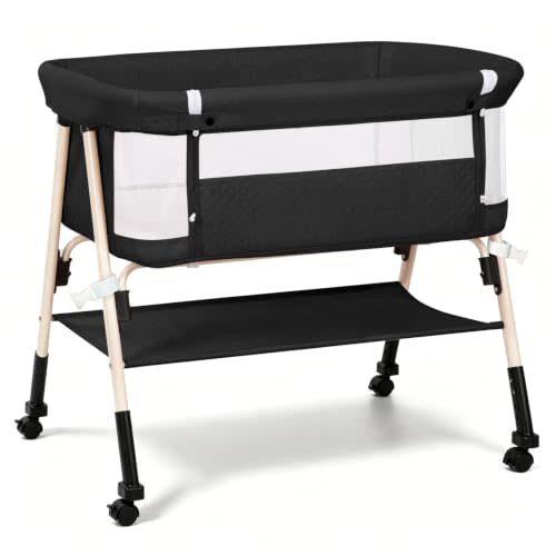 3-in-1 Baby Bassinet Bedside Sleeper for Newborn, Baby Crib Black | Bedside Bassinet with Breathable Mesh, Portable, 4- Adjustable Height, Mattress, Storage Basket & Lockable Wheels, CPSC