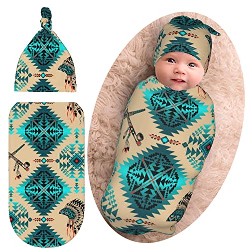 Western Baby Stuff Native Aztec Navajo Newborn Swaddle Blanket Baby American slepp Sack Soft Silky Wrap Blanket with Beanie Hat for Boys Girls Gifts Infant