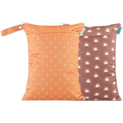 MOMIGO 2 pcs/set Wet Dry Bags for Baby Cloth Diapers - Reusable, Washable for Stroller, Diapers, Toiletries, Travel Bags, Beach, Pool, Gym Bag with Two Zippered Pockets 11.8 * 15.7 inch (Orange)