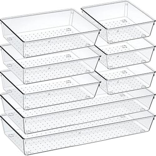Criusia Drawer Organizer Set, Acrylic Non Slip Non Cracking Kitchen Drawer Storage Tray Large Size Divider, Multifunctional Storage for Cosmetics, Bathroom, Tools, Kitchen and Office (8 PACK)