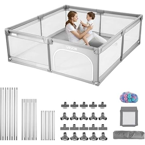 VEVOR Baby Playpen, 78.7″ x 58.7″ Large Toddlers Playpen, Indoor/Outdoor Baby Fence Play Yard with 50 Ocean Balls, Zippered Door & Breathable Mesh, No-Gap Safety Activity Center for Babies Toddlers