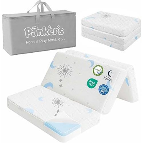 PanKers Trifold Pack and Play Mattress, 38"x26" Dual Sided Memory Foam Pack N Play Mattresses Pad, Portable Travel High Density Mattress for Pack N Play with Carry Bag