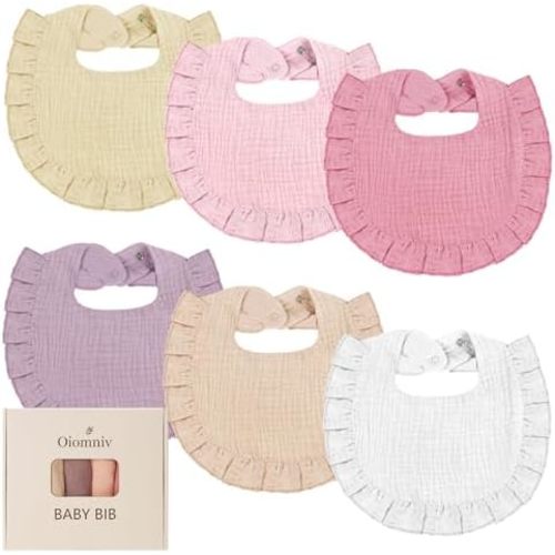 Oiomniv Muslin Baby Bibs, 6-Pack Bandana Drool Bibs Soft Cotton Adjustable Unisex Newborn, Toddler for Drooling Teething