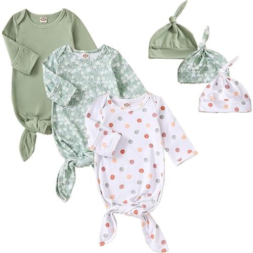 OPAWO Newborn Baby Knotted Gowns with Mitten Cuffs and Hat Baby Sleeper Gowns Coming Home Outfit for Baby Boy Girl 0-6 Months