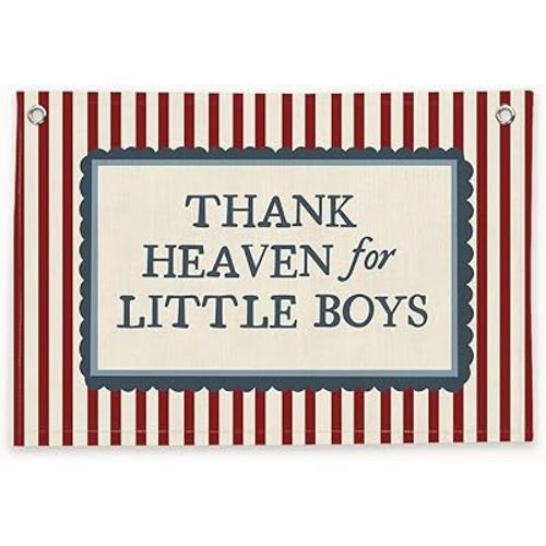 RTXLEZM Retro Nursery Baby Boys Room Decor,Thank Heaven for Little Boys Large Canvas Banner Flag Print,Baby Shower Decorations Hanging for Toddler Playroom Bedroom Banner with Two Metal Grommets,36x24