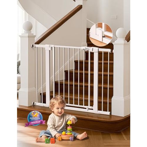 Babelio 29-43" Magnetic Baby Gate for Stairs,Doorways House,Kitchen,30" Tall Pet Door with Baffles,Pressure Mounted & Dual-Lock Design Safety for Kids Toddler,Auto-Close/Hold-Open,White
