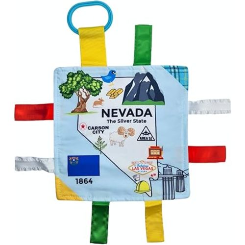 Baby Jack & Co 8x8” Learning Lovey Nevada State Tag Stroller Toy for Babies - Crinkle Toys for Developing Five Senses - Learn About Capitals - Travel with Baby Jack - BPA Free Clip