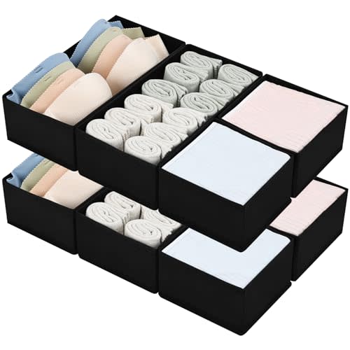 DIMJ Drawer Organizers - Set of 8 Foldable Closet Dividers for Baby Clothes, Socks, Belt, Tie (Black)