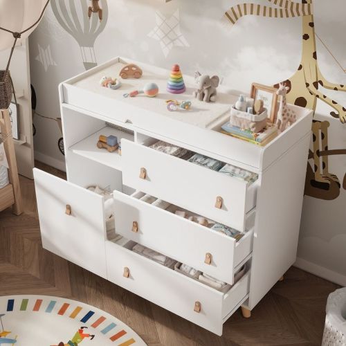 FUFU&GAGA White Changing Table: Spacious Drawers & Shelves, Organize Baby Essentials Effortlessly