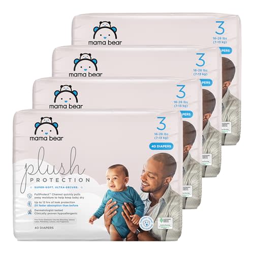 Amazon Brand - Mama Bear Plush Protection Diapers - Size 3, One Month Supply, Hypoallergenic Premium Disposable Baby Diapers, 160 Count (Pack of 4), White and Cloud Dreams