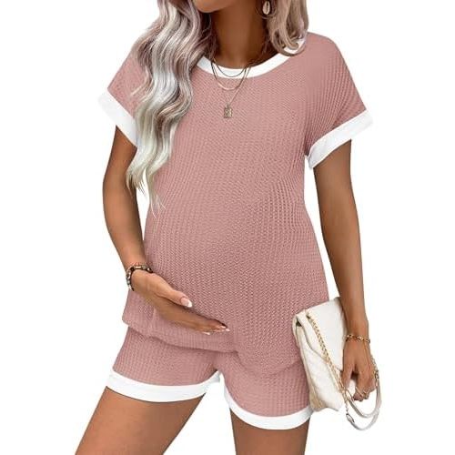 Ekouaer Maternity Pajamas 2 Piece Outfits Waffle Knit Short Sleeve Tops and Shorts Loungewear Set Pregnancy Clothes