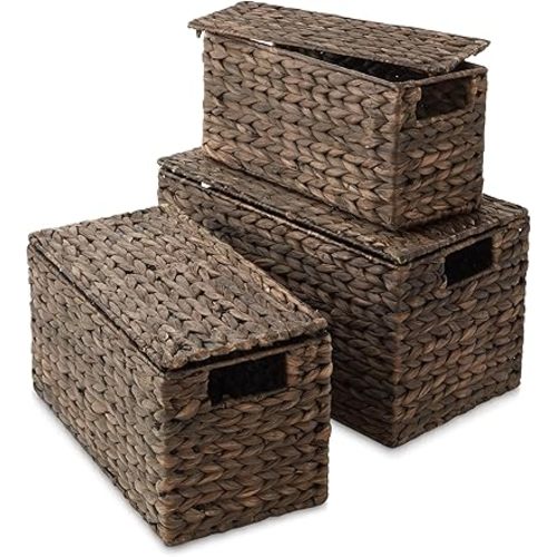 Casafield Set of 3 Water Hyacinth Storage Baskets with Lids, Natural - Small, Medium, Large Woven Nesting Bins for Bathroom, Bedroom, Closets, Shelves