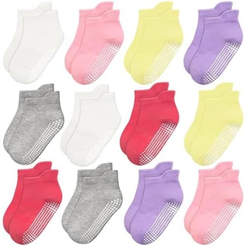 HYCLES Toddler Girl Socks, 12 Pairs Non Slip Ankle Toddler Socks for 1-7 Years Baby Girls Kids