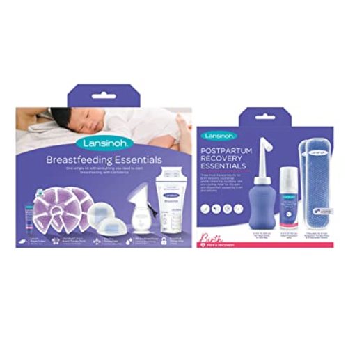 Lansinoh Breastfeeding Essentials and Postpartum Recovery Bundle, Includes Nipple Cream, Nursing Pads, Silicone Breast Pump, Breastmilk Storage Bags, Peri Bottle, Hot & Cold Postpartum Packs, and More - Essential Set & Postpartum Recovery Bundle
