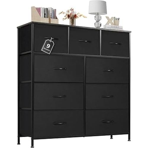 Dresser for Bedroom with 9 Drawers, Anti-Tip Tall Fabric Chests Storage Organizer Tower Furniture with Wooden Top Metal Frame for Clothes, Closet, Living Room, Hallway, Entryway