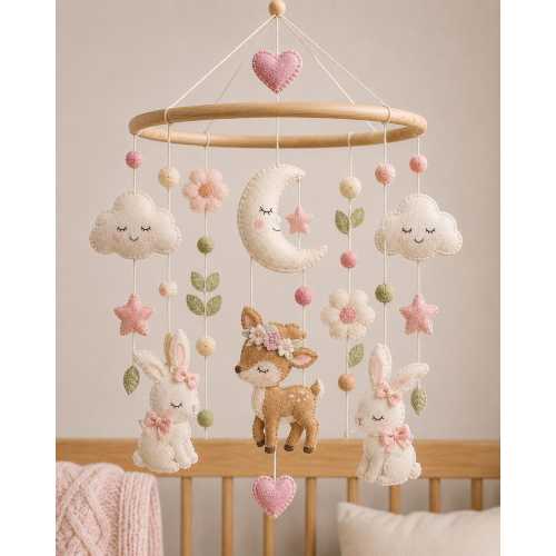 Felt Woodland Baby Mobile, Deer Bunny Floral Crib Decor, Handmade Nursery Hanging