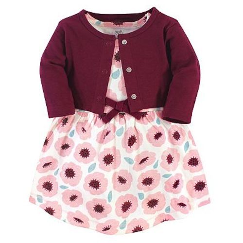 Touched by Nature Baby and Toddler Girl Organic Cotton Dress and Cardigan 2pc Set, Blush Blossom