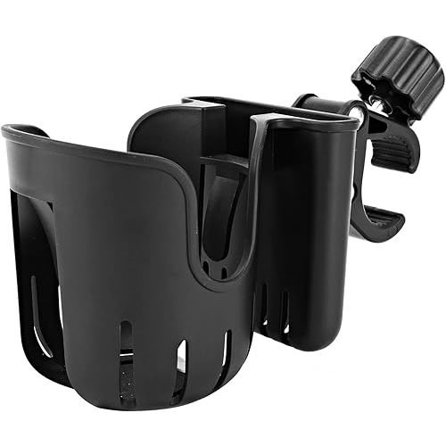 Stroller Cup Holder with Phone Holder, 2-in-1 Universal Cup Holder for Walker, Wheelchair, Bike, Scooter, Fits Most Cup, Black