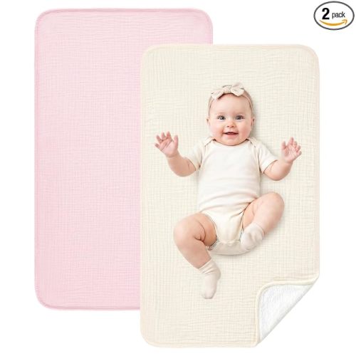 Eterish 2 Pack Waterproof Muslin Cotton Portable Changing Pad 30"x 17", Soft & Foldable Changing Pad Liner with Terry Backing, Travel Baby Changing Mat for Newborn Girls Boys