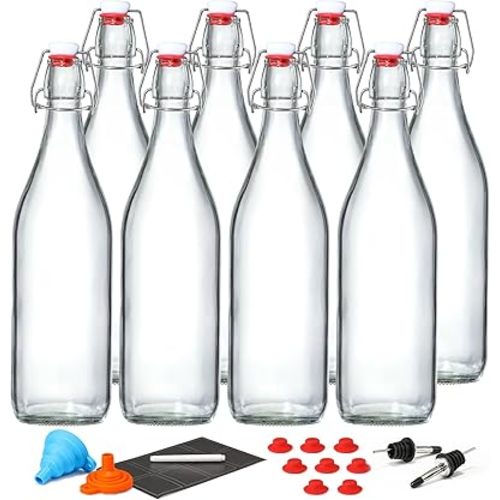 8 Pack [1 L / 33 fl. oz.] Swing Top Glass Bottles w/ Airtight Stopper Lids – Flip Top Brewing Bottle for Fermentation, Kombucha, Mead, Vinegar, Beer, Kefir, Wine, Soda – With 8 Extra Seals & 2 Pourer