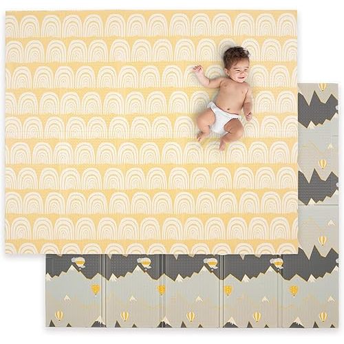 JumpOff Jo - Large Waterproof Foam Padded Play Mat for Infants, Babies, Toddlers, Play Pens & Tummy Time, Foldable Activity Mat, 70 in. x 59 in. - Hot Air Balloons & Yellow Rainbow