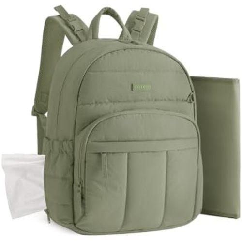 BAGSMART Diaper Bag Backpack, Multi-Pocket Puffy Diaper Bag with Waterproof Changing Pad, Lightweight Stroller-Friendly Diaper Bag with Insulated Pockets, Easy-Access Baby Essential, Green