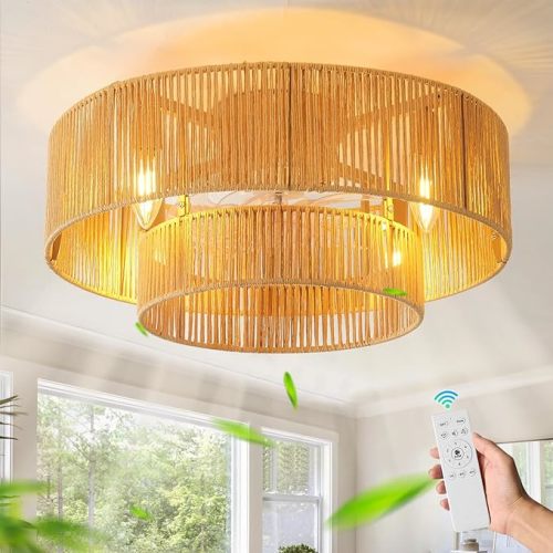 20 Inch Boho Caged Ceiling Fans with Lights Flush Mount, Boho Rattan Fandelier Ceiling Fan with Light Remote Control with Reversible 6 Speeds for Bedroom, Nursery, Living Room, E12 Base,Indoor