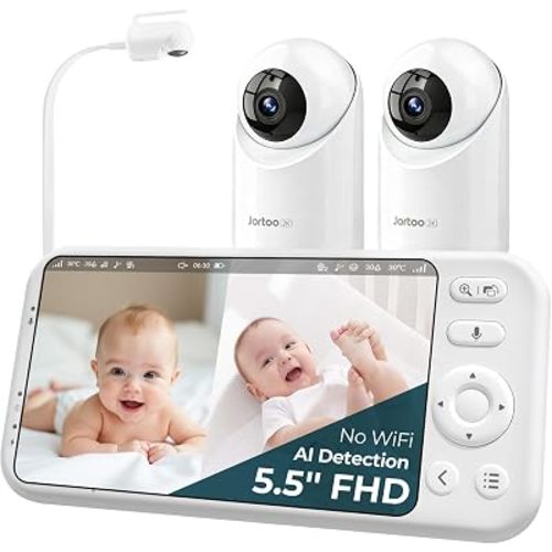 Jartoo 5.5" Video Baby Monitor with 2K 2 Cameras & Mount, No WiFi for Privacy & Security, AI-Powered Detection, Clear Night Vision, 1860ft Long Range, 2-Way Audio, White Noise & ANR