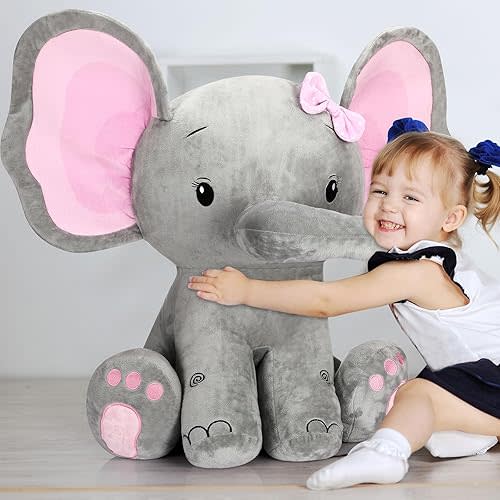 Jenaai Christmas Giant Plush Elephant Stuffed Animal for Kids Soft Large Pink Gray Doll for Baby Shower Gender Reveal Party Decorations Operation Birthday Baptism Gifts Friend Sister, 24 Inch