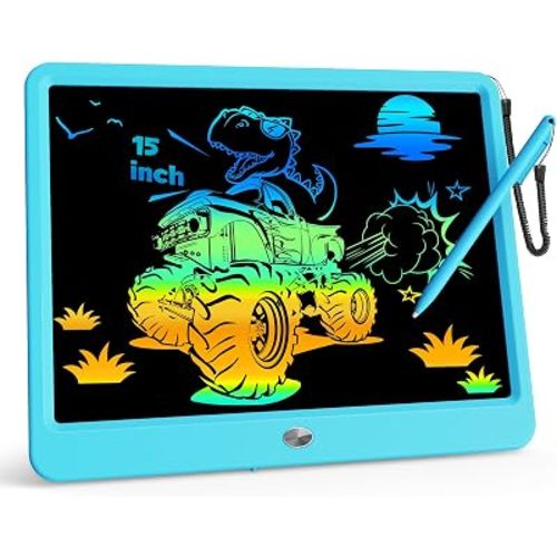 KOKODI 15 Inch LCD Writing Tablet with Anti-Lost Stylus, Erasable Doodle Board Colorful Toddler Drawing Pad, Car Travel School Games Toys for 3 4 5 6 7 8 Kids, Birthday Gift for Girls Boys Blue