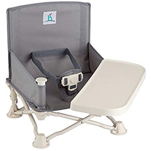 hiccapop Omniboost Travel Booster Seat with Tray for Baby | Folding Portable High Chair for Eating, Camping, Beach, Lawn, Grandma’s | Tip-Free Design Straps to Kitchen Chairs - Go-Anywhere High Chair - Slate Grey