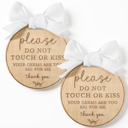 2PCS Please Do Not Touch or Kiss Baby Sign with Ribbon, Wooden Please Dont Touch Baby Sign, Round Babys Stroller Tag for Car Seats, Strollers, and Cribs