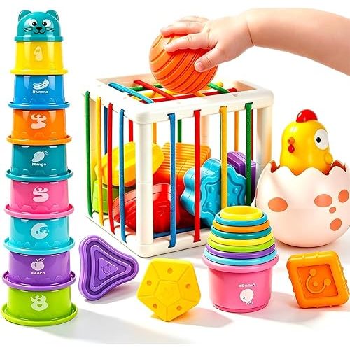 4 in1 Montessori Toys for 1 Year Old,17 Pcs Boys Girls 1st Birthday Gifts, Stacking Cups,Shape Sorter,Multi Sensory Shapes for Babies Early Educational Baby Travel Toys for Toddler 6-12 Months