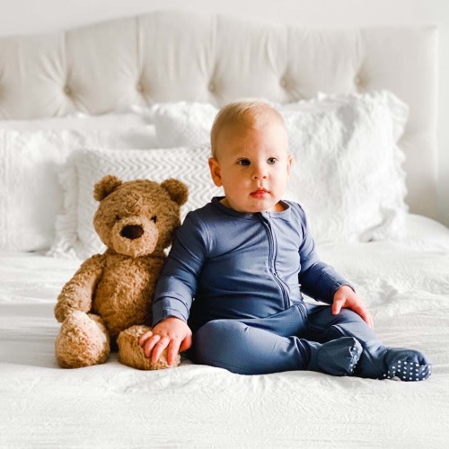 Solid Dusty Blue Bamboo Zipper Footie*