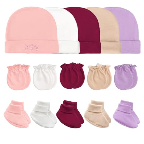 Newborn Baby Hats Mittens and Socks Set Cotton Infant Beanie Cap Socks Mittens for Newborn Baby Boy Girl 0-6 Month