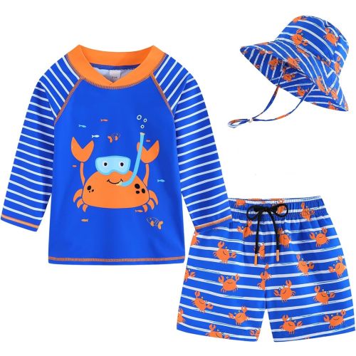 9-12m Toddlers and Baby Boys' 3-Piece Swimsuit Trunk Rashguard Set and Sun Hat Swimwear Bathing Suit Sunsuit Swim Shirt UPF 50+