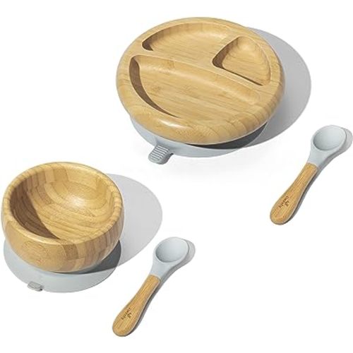 Avanchy Bamboo Baby Divided Plate, Bowl & Spoons Set - Baby Cutlery - Bamboo Kids Bowl - BPA Free Bowl - Bamboo Kids Utensils - Bamboo Kids Bowl (Gray)