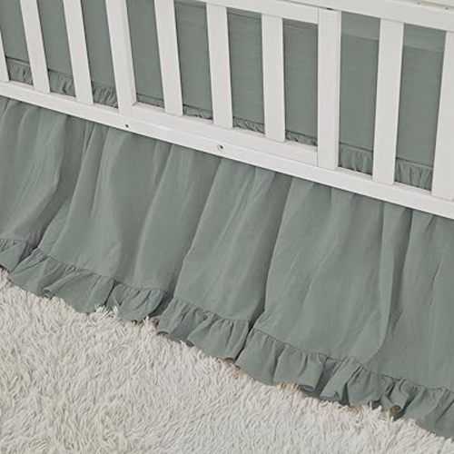 Brandream Boho Bohemian Girl Baby Nursery Crib Bed Skirt Dust Ruffle - Neutral Solid Color Sage Green Farmhouse Chic 100% Washed Cotton Ruffle