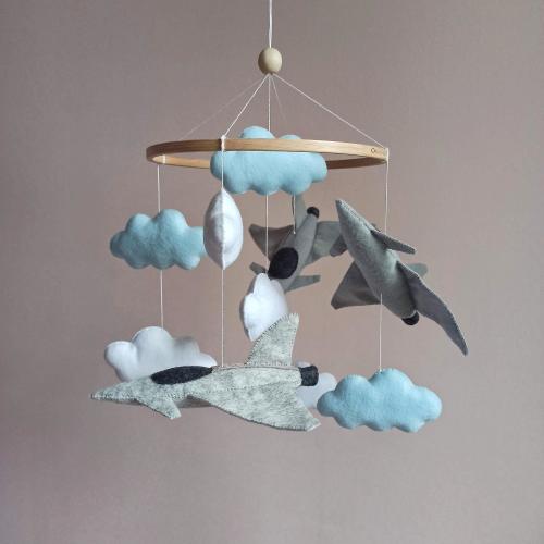 Felt Airplane Baby Mobile, Nursery Decor, Aviation Crib Mobile, Gray & Blue Shower Gift