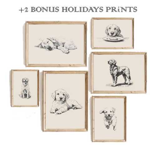 Golden Retriever Prints Set, Dog Lover Gift Idea, Dog Vintage Print, Antique Vintage Painting, Dog Drawing, Farmhouse Print, Christmas Gift
